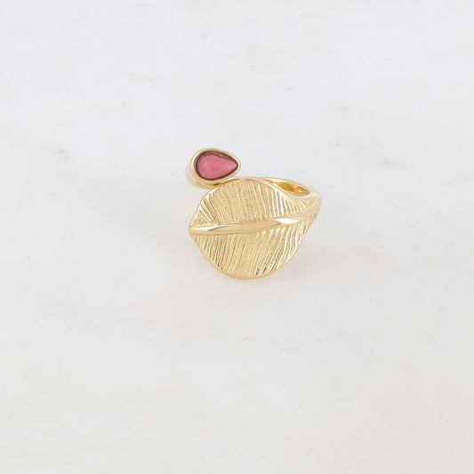 Bague fine avec feuille et pierre naturelle - Rhodonite