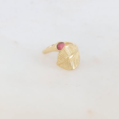 Bague fine avec feuille et pierre naturelle - Rhodonite
