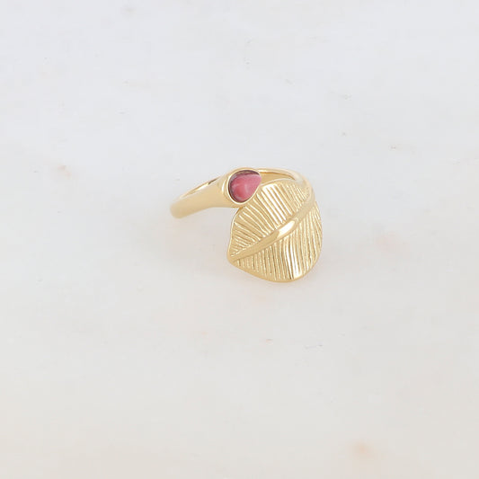 Bague fine avec feuille et pierre naturelle - Rhodonite