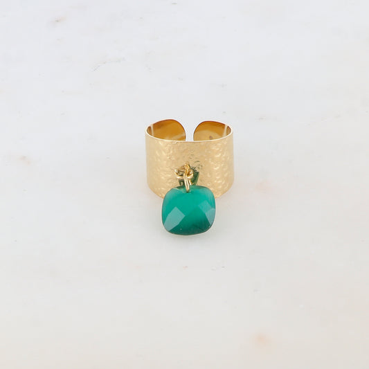 Bague martelée avec pampille carrée en pâte de verre - Verre