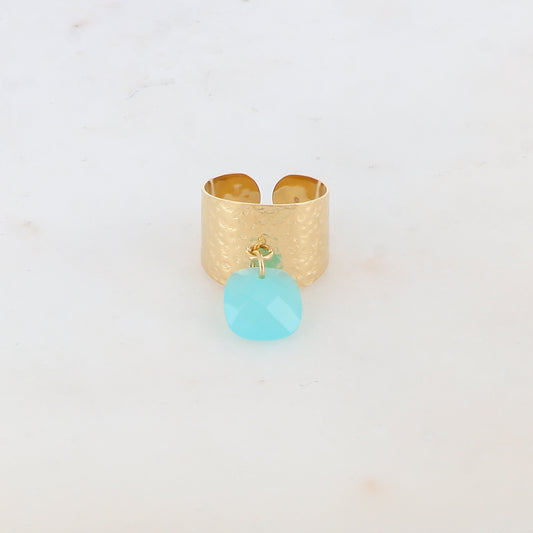 Bague martelée avec pampille carrée en pâte de verre - Turquoise