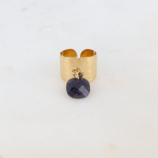 Bague martelée avec pampille carrée en pâte de verre - Noir