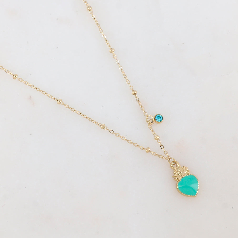 Collier avec strass et pendentif cœur émaillé (40+5CM)