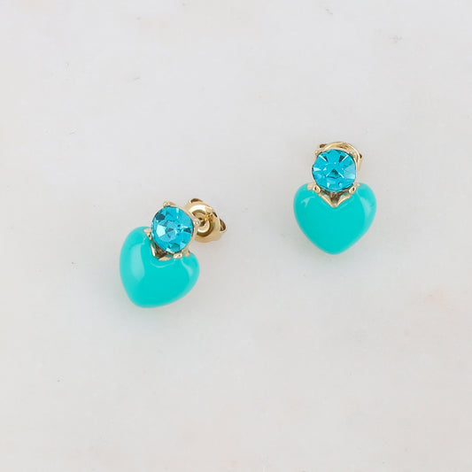 B.O à puce avec strass et cœur émaillé 1,1x 1,2 cm.