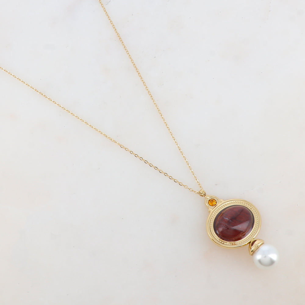 Collier avec pendentif ovale, strass, pierre naturelle et perle d'eau douce (40+5CM)