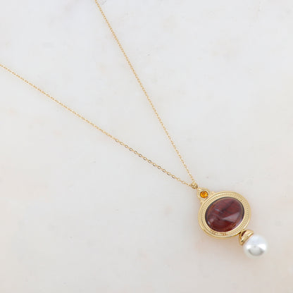 Collier avec pendentif ovale, strass, pierre naturelle et perle d'eau douce (40+5CM)