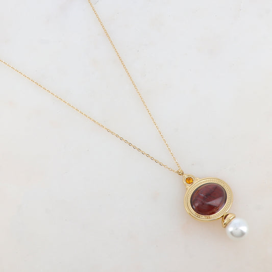 Collier avec pendentif ovale, strass, pierre naturelle et perle d'eau douce (40+5CM)