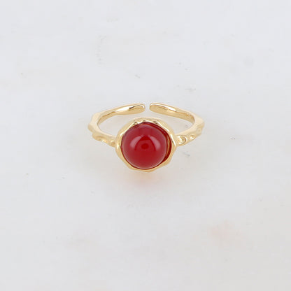 Bague fine avec pièce ronde sertie d'une pierre naturelle - Cornaline