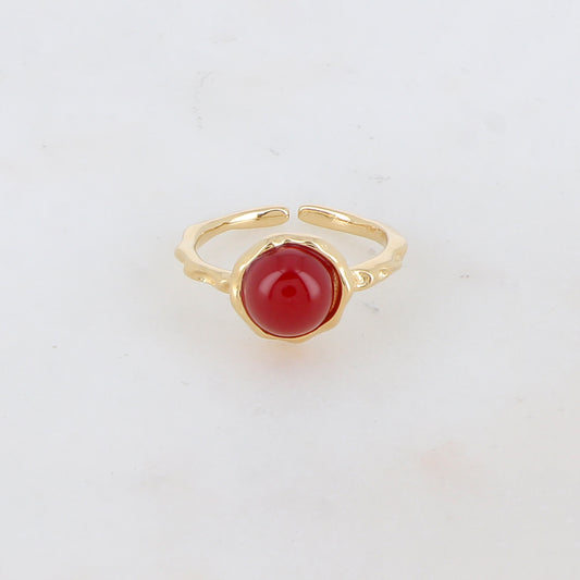 Bague fine avec pièce ronde sertie d'une pierre naturelle - Cornaline
