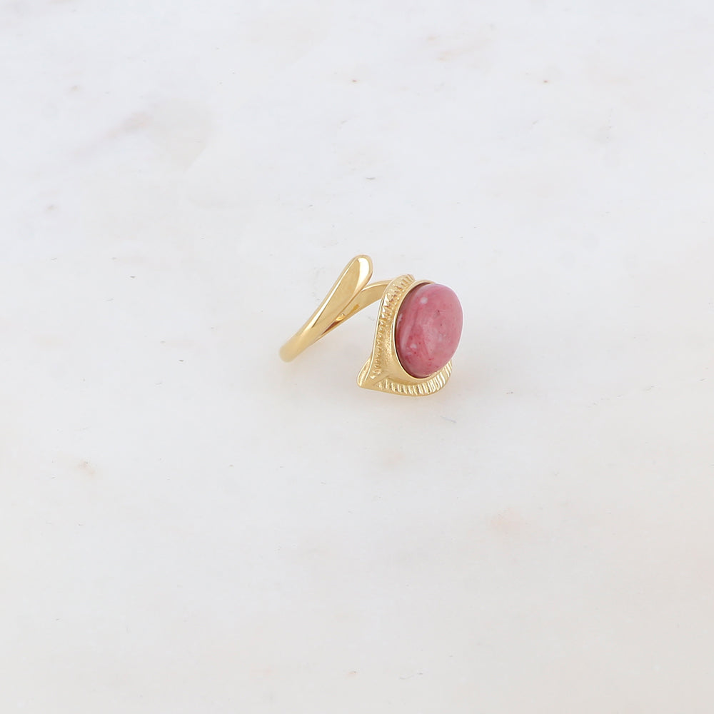 Bague fine avec pierre naturelle ovale - Rhodonite