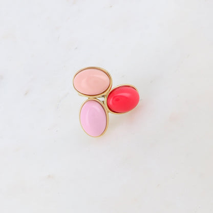 Bague fine ajustable avec 3 pièces ovales en acétate - Rose