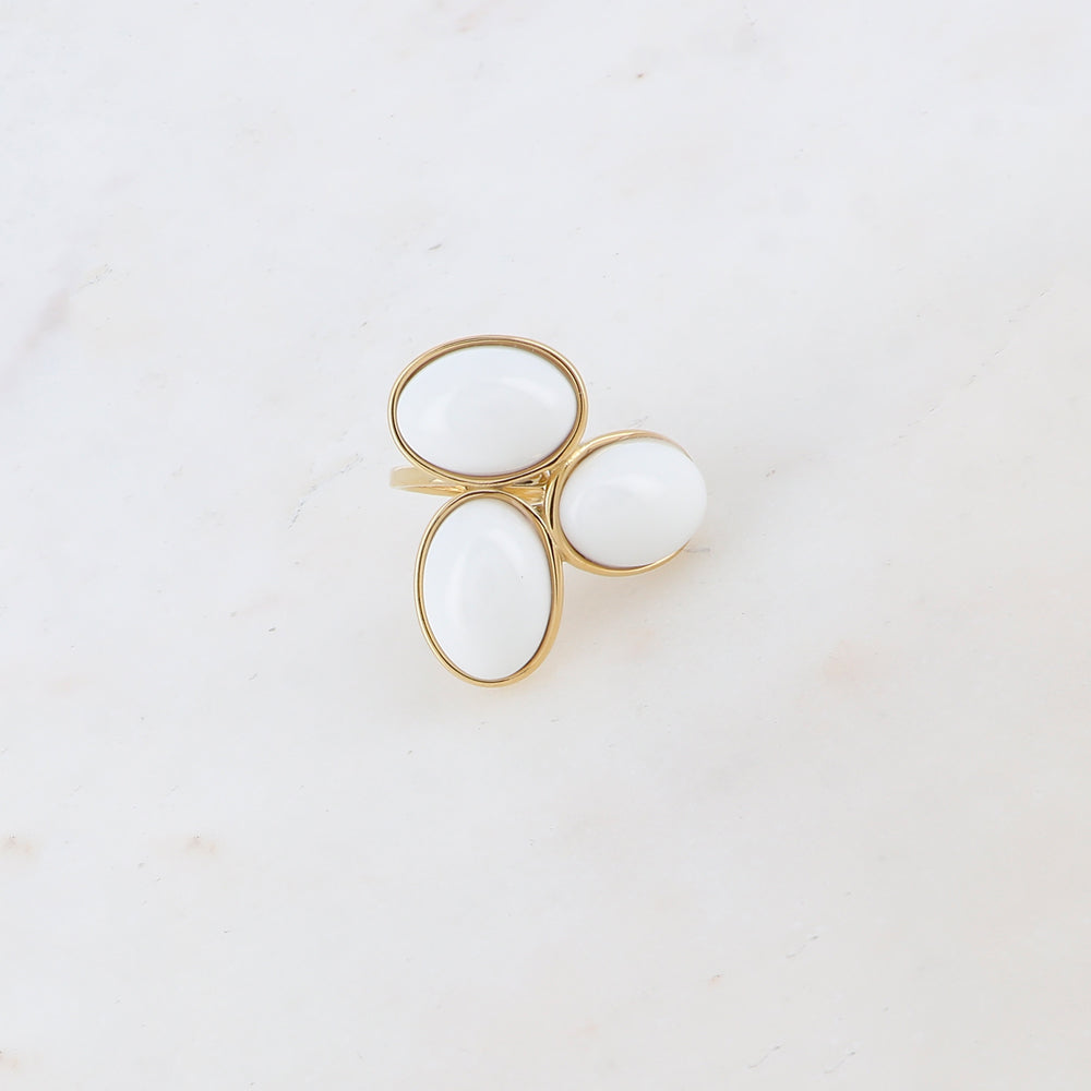 Bague fine ajustable avec 3 pièces ovales en acétate -Blanc