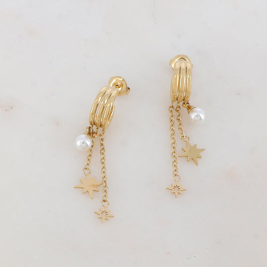 Créoles à puce 3 rangs avec effet lisse, 2 chaînes tombantes, 2 pampilles étoiles et perle d'eau douce 71,3 x 4,4 cm