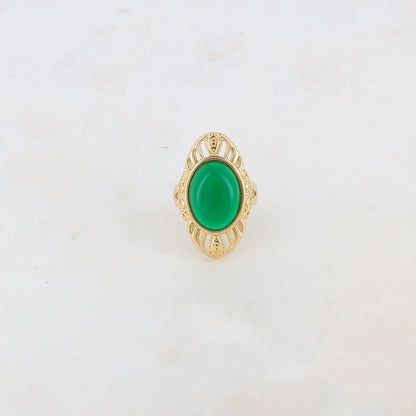 Bague en forme géométrique ajourée avec pierre naturelle - Jade vert