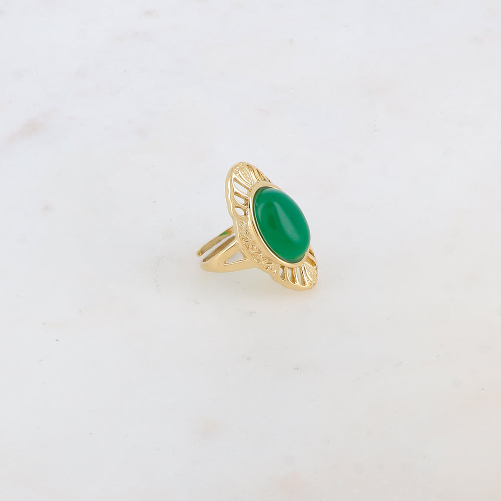 Bague en forme géométrique ajourée avec pierre naturelle - Jade vert