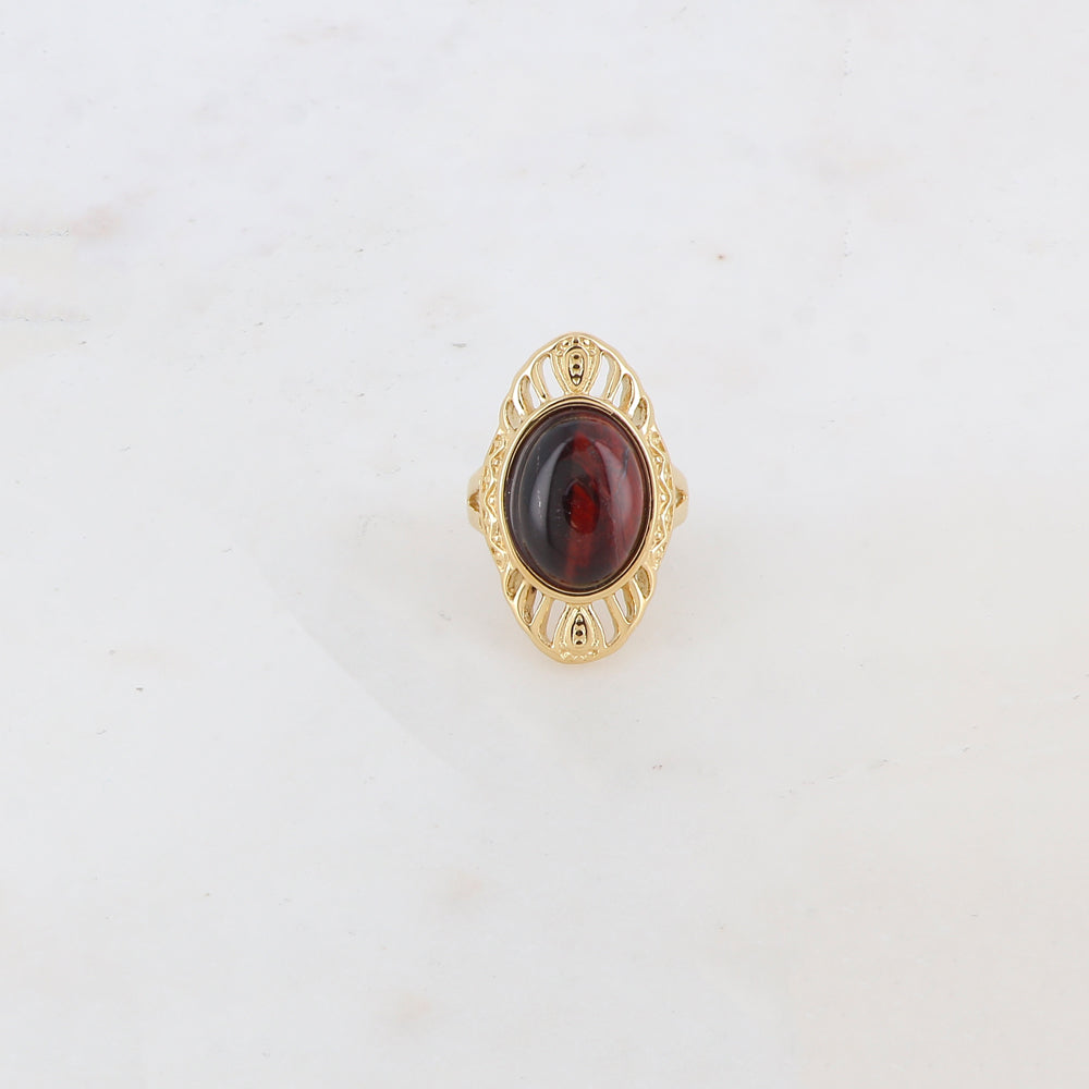Bague en forme géométrique ajourée avec pierre naturelle - Œil de taureau