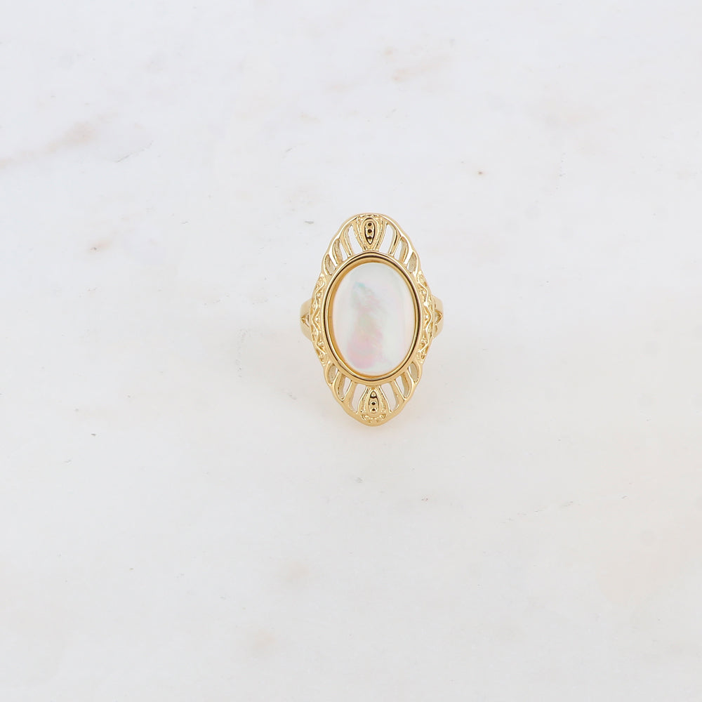 Bague en forme géométrique ajourée avec pierre naturelle - Nacre