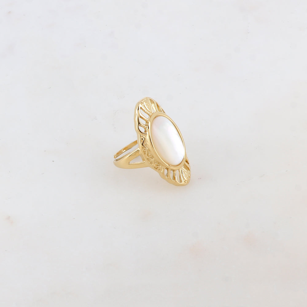 Bague en forme géométrique ajourée avec pierre naturelle - Nacre