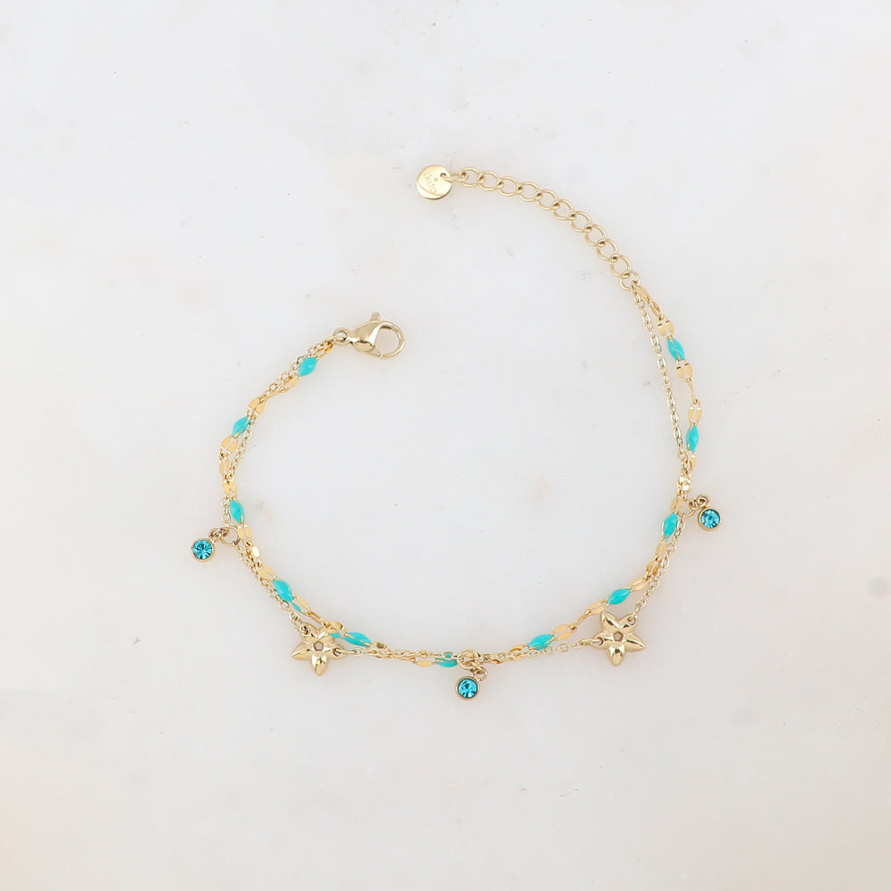 Bracelet 2 rangs avec pièces émaillées, fleurs et pampilles rondes serties d'un strass