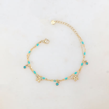 Bracelet 2 rangs avec pièces émaillées, fleurs et pampilles rondes serties d'un strass