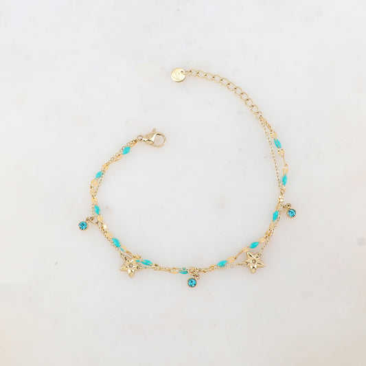 Bracelet 2 rangs avec pièces émaillées, fleurs et pampilles rondes serties d'un strass