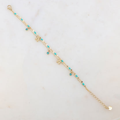Bracelet 2 rangs avec pièces émaillées, fleurs et pampilles rondes serties d'un strass