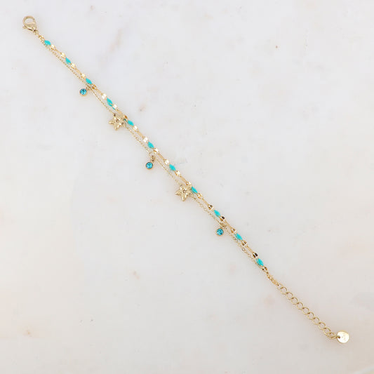 Bracelet 2 rangs avec pièces émaillées, fleurs et pampilles rondes serties d'un strass