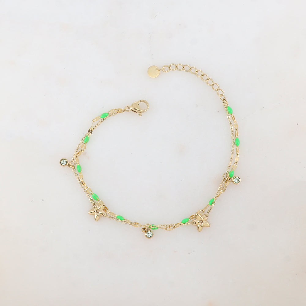 Bracelet 2 rangs avec pièces émaillées, fleurs et pampilles rondes serties d'un strass