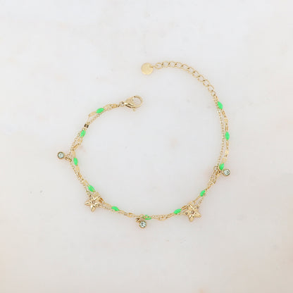 Bracelet 2 rangs avec pièces émaillées, fleurs et pampilles rondes serties d'un strass