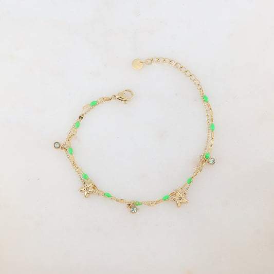 Bracelet 2 rangs avec pièces émaillées, fleurs et pampilles rondes serties d'un strass