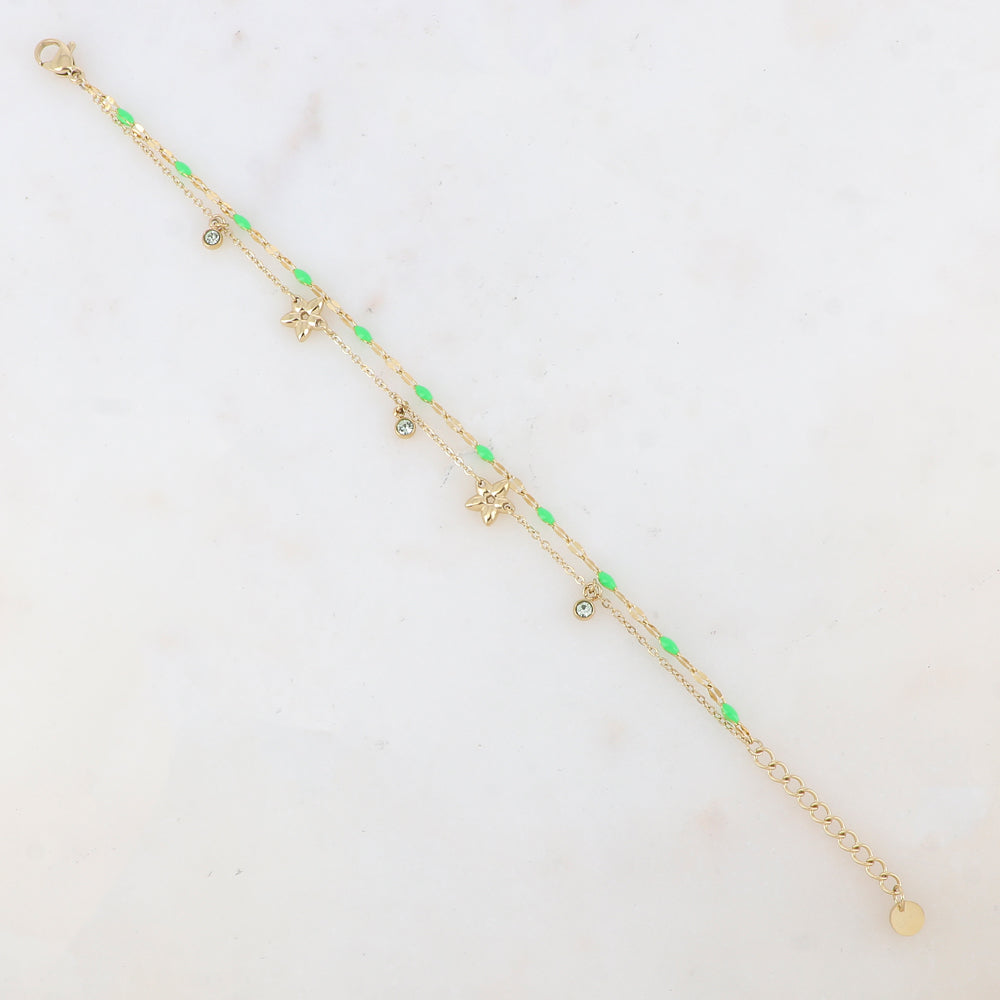 Bracelet 2 rangs avec pièces émaillées, fleurs et pampilles rondes serties d'un strass