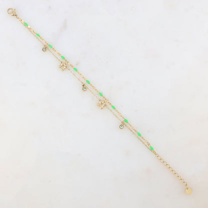 Bracelet 2 rangs avec pièces émaillées, fleurs et pampilles rondes serties d'un strass