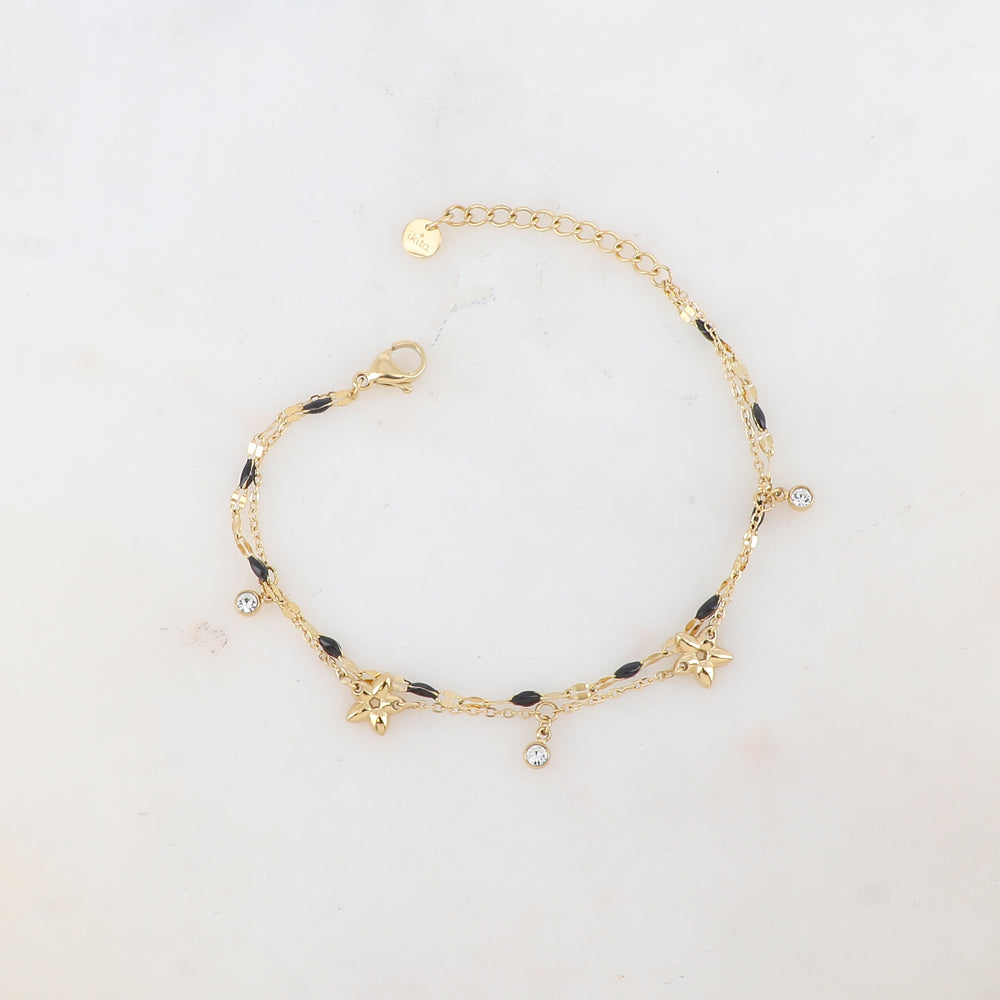 Bracelet 2 rangs avec pièces émaillées, fleurs et pampilles rondes serties d'un strass