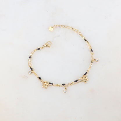 Bracelet 2 rangs avec pièces émaillées, fleurs et pampilles rondes serties d'un strass