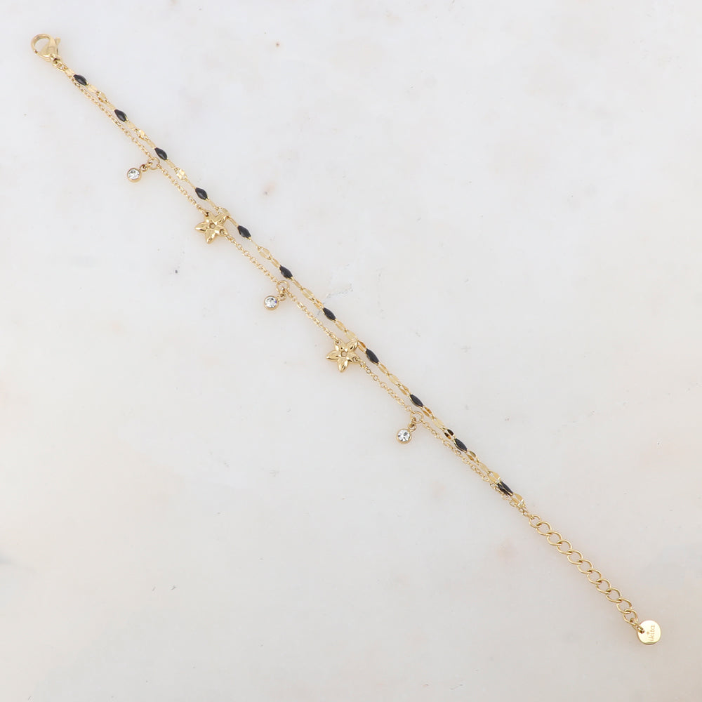 Bracelet 2 rangs avec pièces émaillées, fleurs et pampilles rondes serties d'un strass