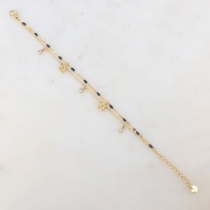 Bracelet 2 rangs avec pièces émaillées, fleurs et pampilles rondes serties d'un strass