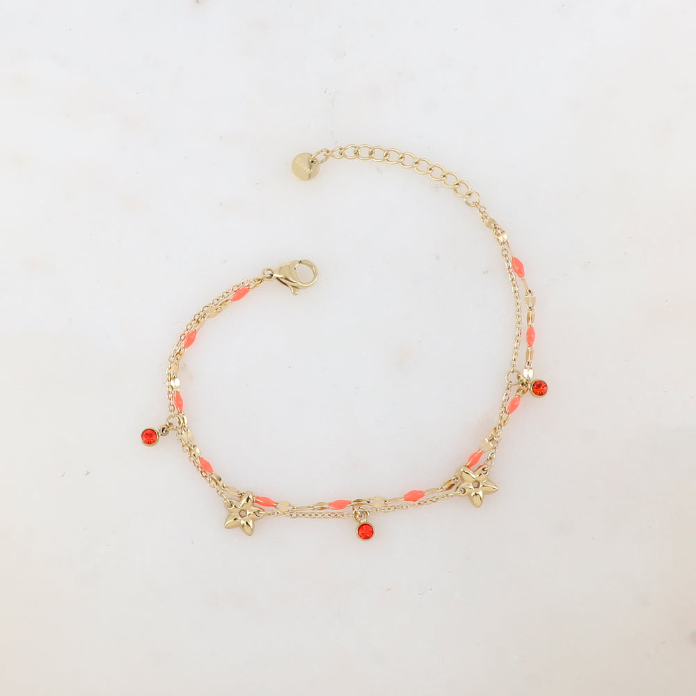 Bracelet 2 rangs avec pièces émaillées, fleurs et pampilles rondes serties d'un strass