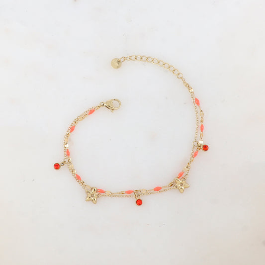 Bracelet 2 rangs avec pièces émaillées, fleurs et pampilles rondes serties d'un strass