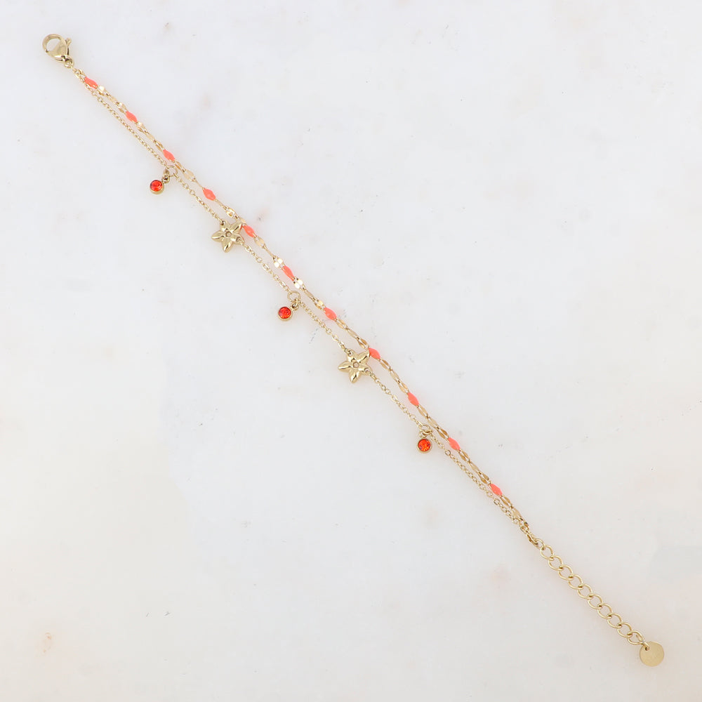 Bracelet 2 rangs avec pièces émaillées, fleurs et pampilles rondes serties d'un strass