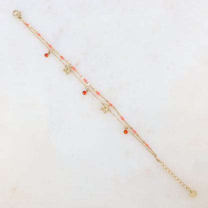Bracelet 2 rangs avec pièces émaillées, fleurs et pampilles rondes serties d'un strass