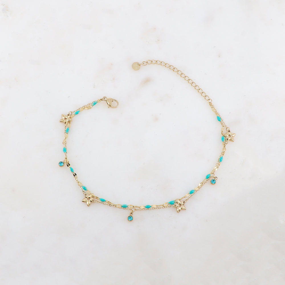 Chaîne de cheville 2 rangs avec pièces émaillées, fleurs et pampilles rondes serties d'un strass (21+5CM)