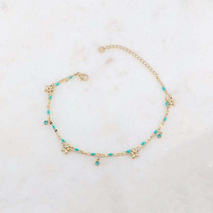 Chaîne de cheville 2 rangs avec pièces émaillées, fleurs et pampilles rondes serties d'un strass (21+5CM)