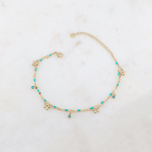 Chaîne de cheville 2 rangs avec pièces émaillées, fleurs et pampilles rondes serties d'un strass (21+5CM)