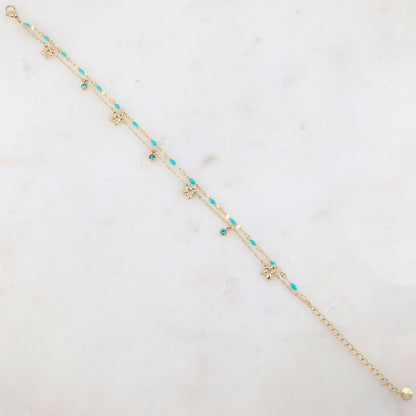 Chaîne de cheville 2 rangs avec pièces émaillées, fleurs et pampilles rondes serties d'un strass (21+5CM)