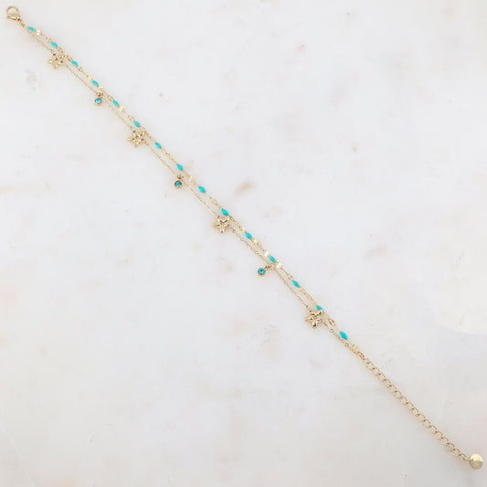 Chaîne de cheville 2 rangs avec pièces émaillées, fleurs et pampilles rondes serties d'un strass (21+5CM)