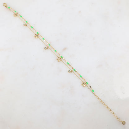 Chaîne de cheville 2 rangs avec pièces émaillées, fleurs et pampilles rondes serties d'un strass (21+5CM)