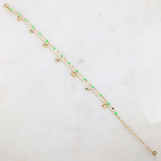 Chaîne de cheville 2 rangs avec pièces émaillées, fleurs et pampilles rondes serties d'un strass (21+5CM)