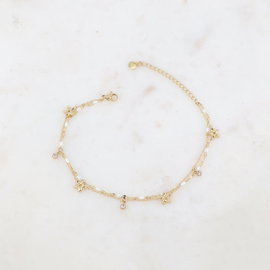 Chaîne de cheville 2 rangs avec pièces émaillées, fleurs et pampilles rondes serties d'un strass (21+5CM)