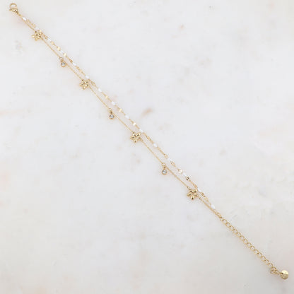 Chaîne de cheville 2 rangs avec pièces émaillées, fleurs et pampilles rondes serties d'un strass (21+5CM)