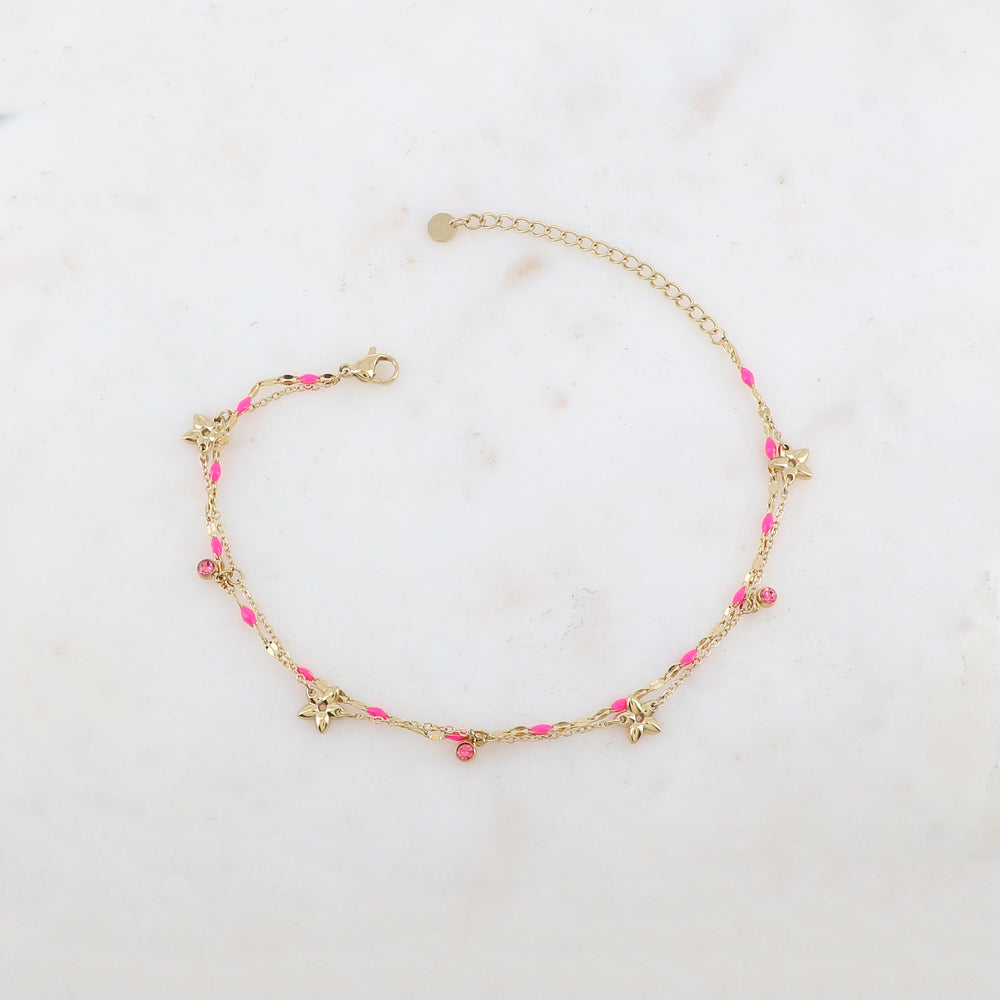 Chaîne de cheville 2 rangs avec pièces émaillées, fleurs et pampilles rondes serties d'un strass (21+5CM)